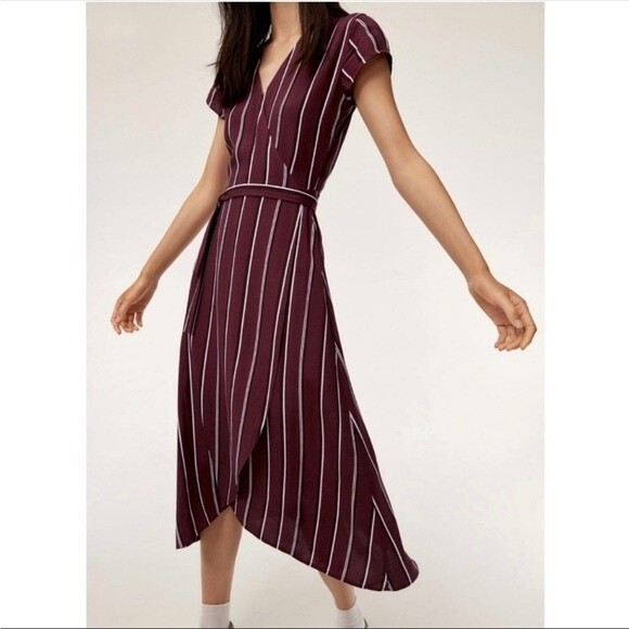 Aritzia Wilfred Free Jessa Wrap Dress Midi Striped Maroon Black XS - Picture 2 of 9
